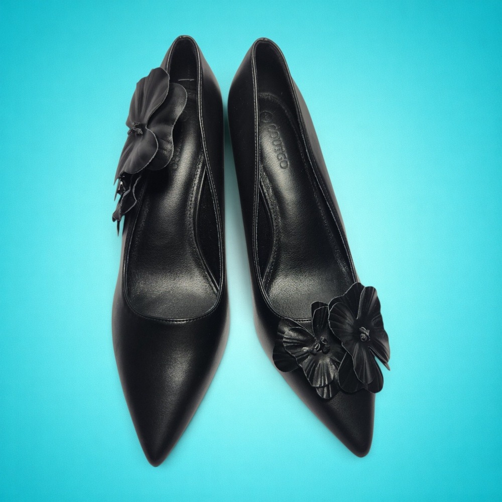 New Women's Elegant Black Pointed-Toe Heels With Flowers, Size 9 - Picture 3 of 6